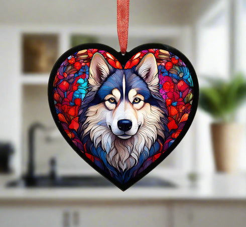 Alaskan Malamute Stained Glass Effect Heart Suncatcher